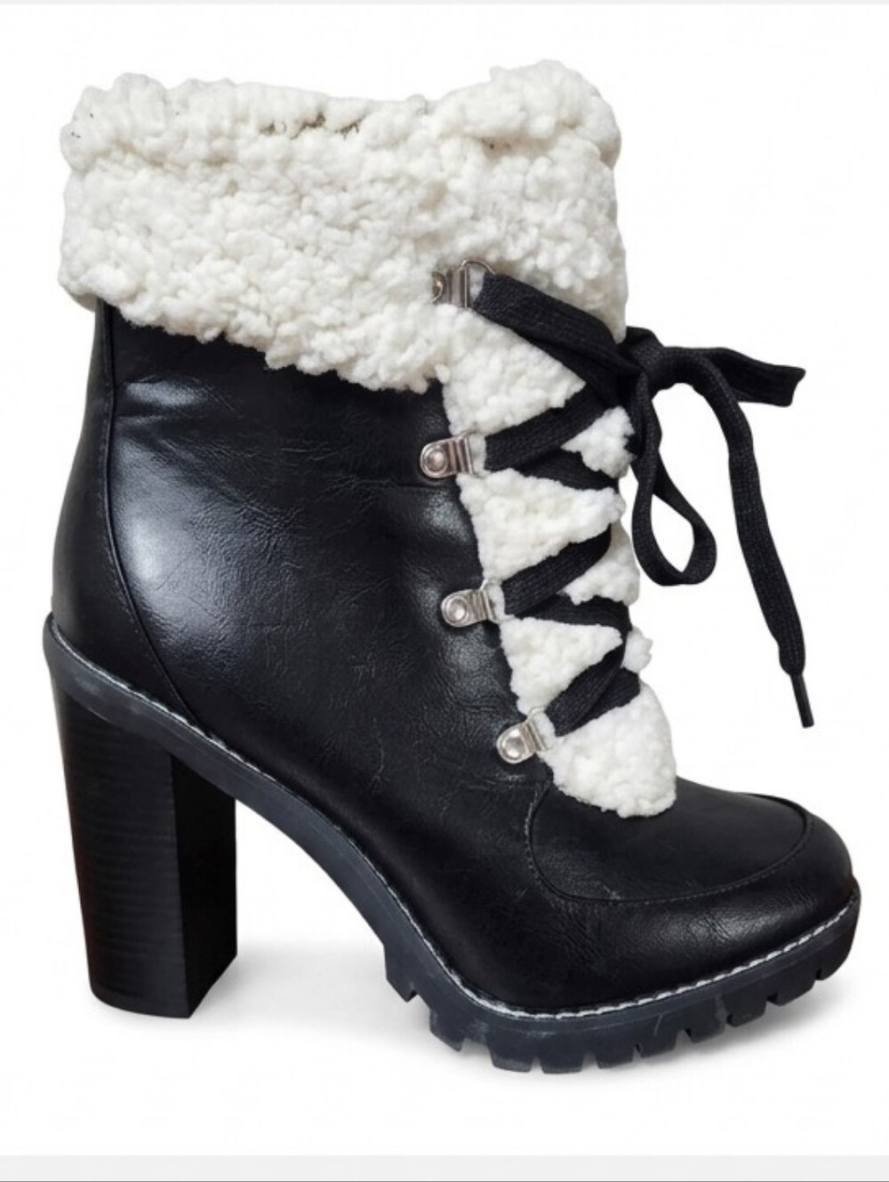 BCB Generation women's black leather faux fur heeled hiking boots size 9.5